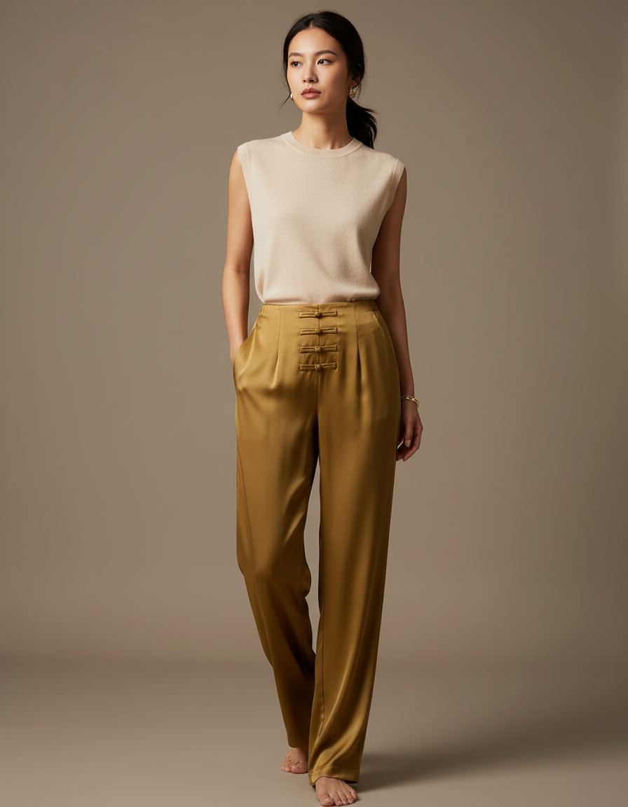 Pantalon Chinois Doré Satiné Ample Nœuds Femme