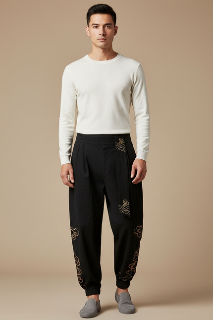 Pantalon Chinois Noir Ample Brodé Nuages Harem - Coton