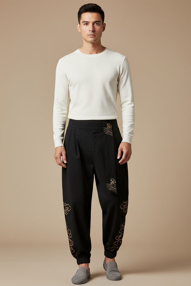 Pantalon Chinois Noir Ample Brodé Nuages Harem - Coton