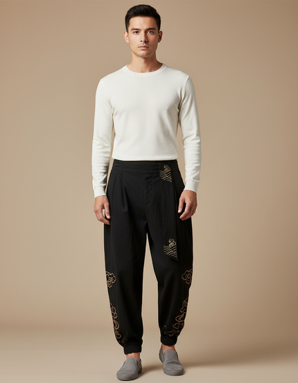 Pantalon Chinois Noir Ample Brodé Nuages Harem - Coton