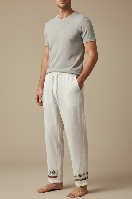 Pantalon Chinois Blanc Lin Brodé Ample Homme