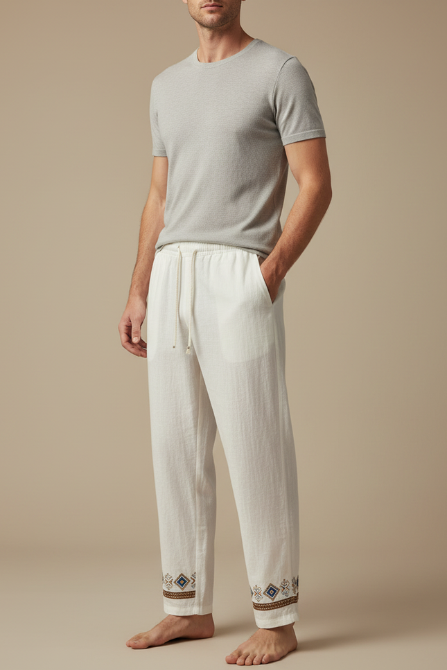 Pantalon Chinois Blanc Lin Brodé Ample Homme