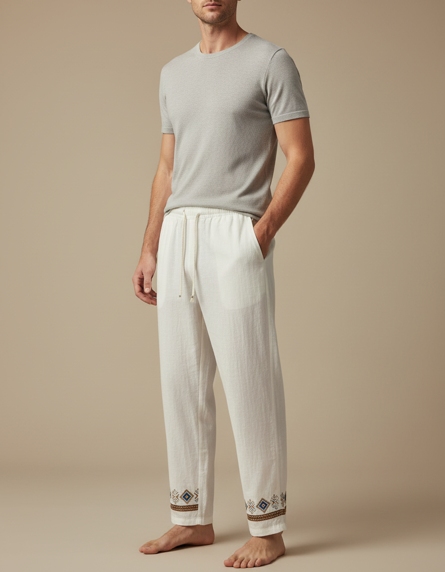 Pantalon Chinois Blanc Lin Brodé Ample Homme