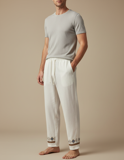 Pantalon Chinois Blanc Lin Brodé Ample Homme