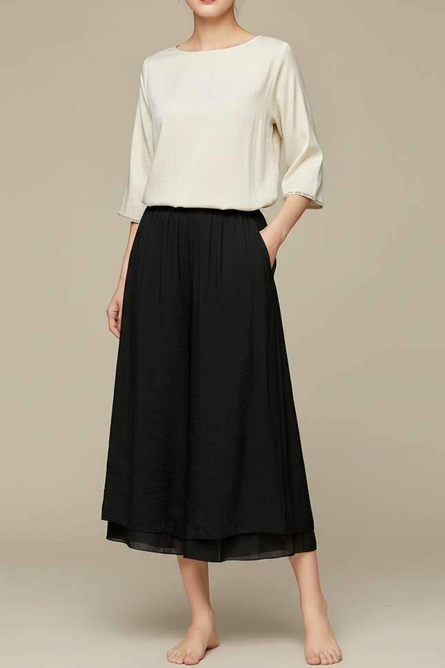 Pantalon Chinois Noir Ample Fluide Texturé Femme - Viscose