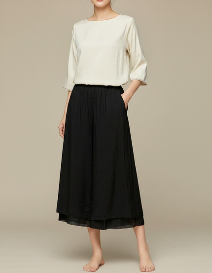 Pantalon Chinois Noir Ample Fluide Texturé Femme - Viscose
