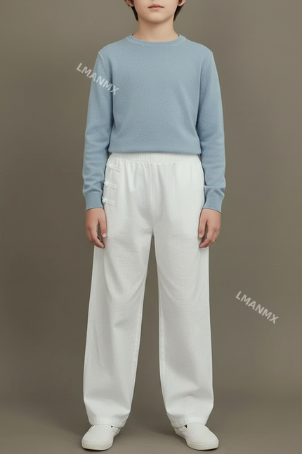 Pantalon Chinois Blanc Ample Coton Lin Enfant