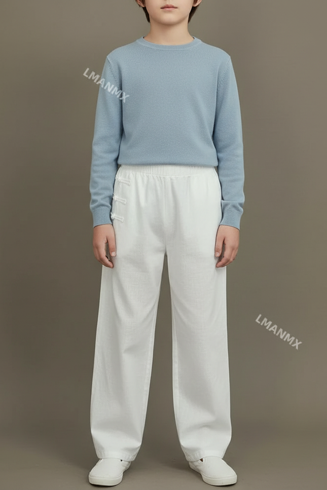 Pantalon Chinois Blanc Ample Coton Lin Enfant