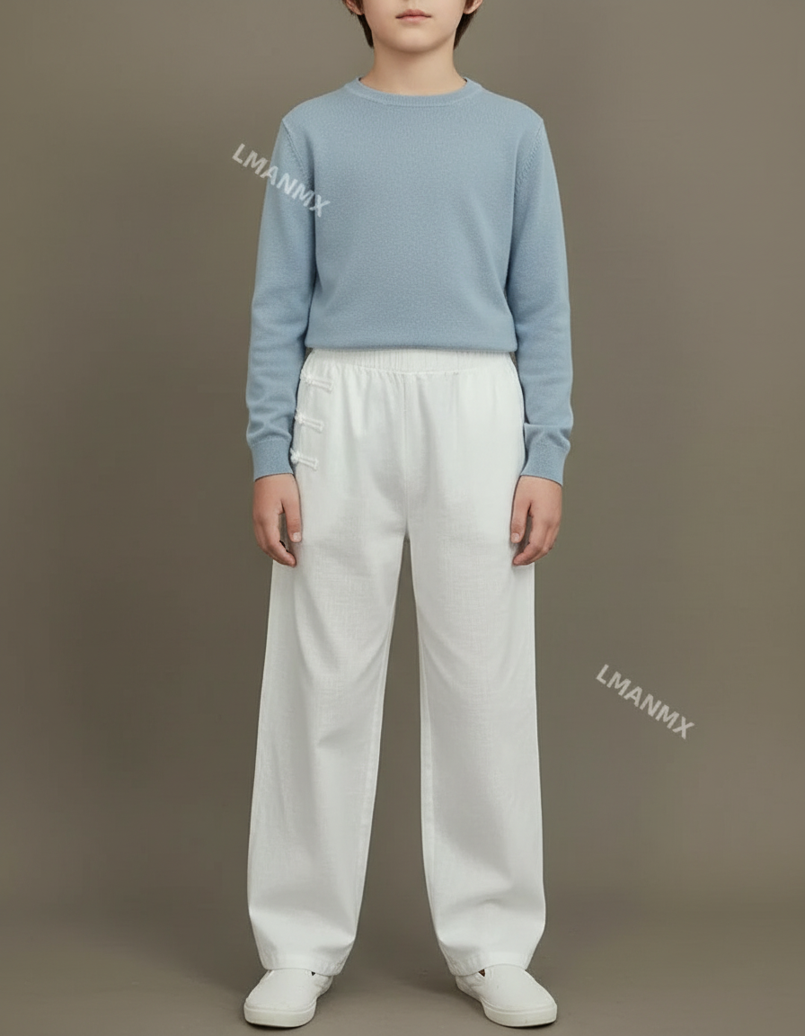 Pantalon Chinois Blanc Ample Coton Lin Enfant