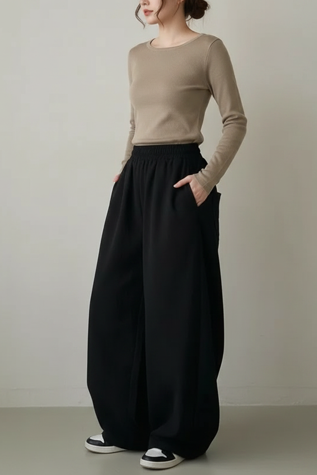Pantalon Chinois Noir Ample Fluide Décontracté Cordon - Molleton