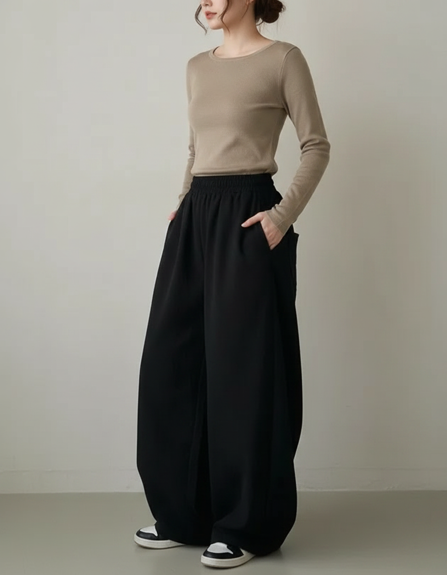 Pantalon Chinois Noir Ample Fluide Décontracté Cordon - Molleton
