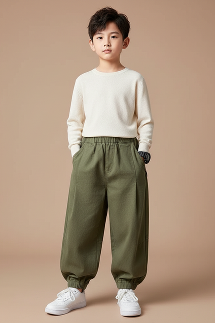 Pantalon Chinois Vert Armée Ample Coton Décontracté Garçon - Kaki Toile