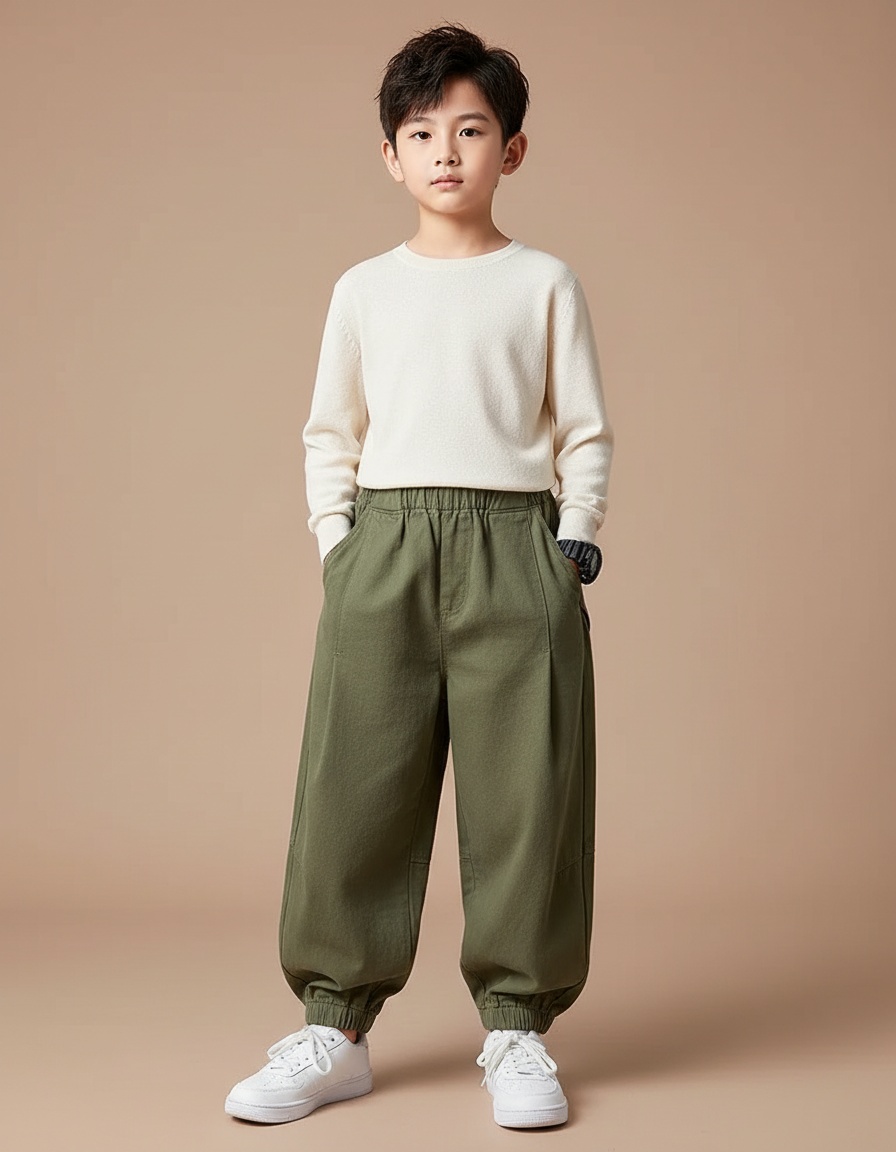 Pantalon Chinois Vert Armée Ample Coton Décontracté Garçon - Kaki Toile