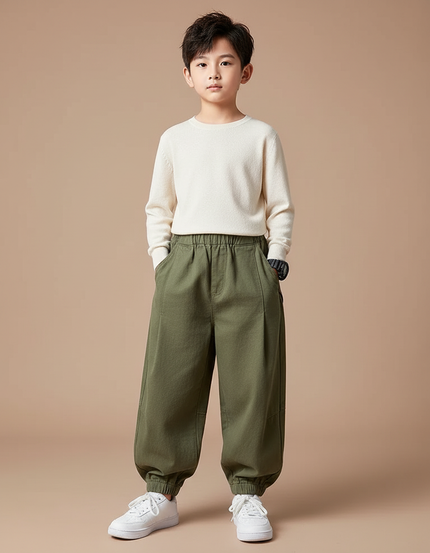 Pantalon Chinois Vert Armée Ample Coton Décontracté Garçon - Kaki Toile