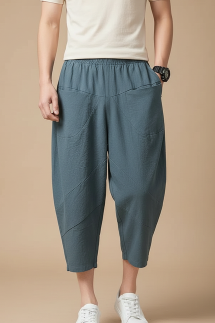 Pantalon Chinois Ample Lin Décontracté Bleu Homme