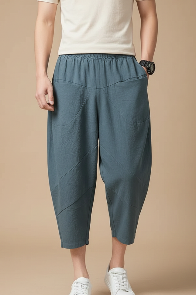 Pantalon Chinois Ample Lin Décontracté Bleu Homme