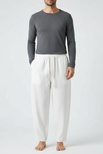 Pantalon Chinois Blanc Ample Lin Coton Cordon Décontracté