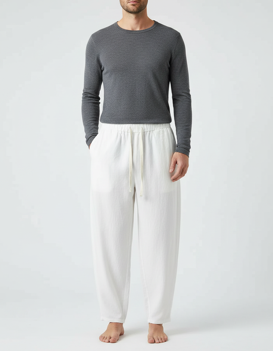 Pantalon Chinois Blanc Ample Lin Coton Cordon Décontracté