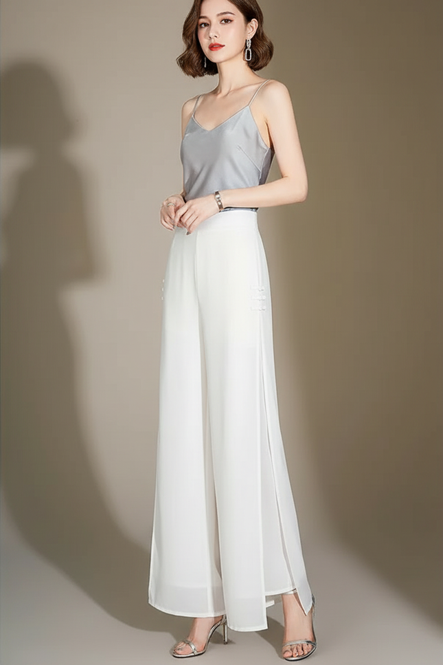 Pantalon Chinois Blanc Fluide Élégant Taille Haute - Soie