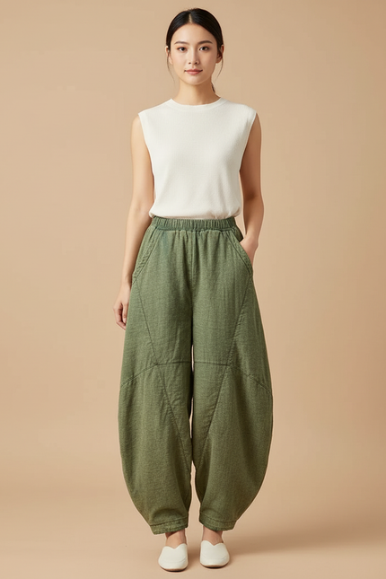 Pantalon Chinois Vert Ample Coton Lin Harem Décontracté