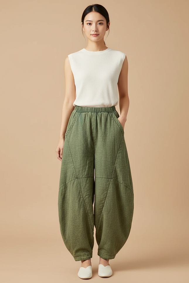 Pantalon Chinois Vert Ample Coton Lin Harem Décontracté