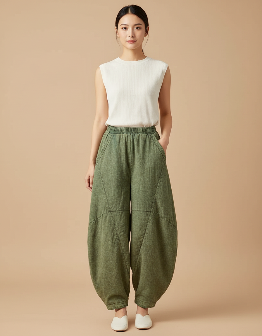 Pantalon Chinois Vert Ample Coton Lin Harem Décontracté