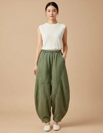 Pantalon Chinois Vert Ample Coton Lin Harem Décontracté