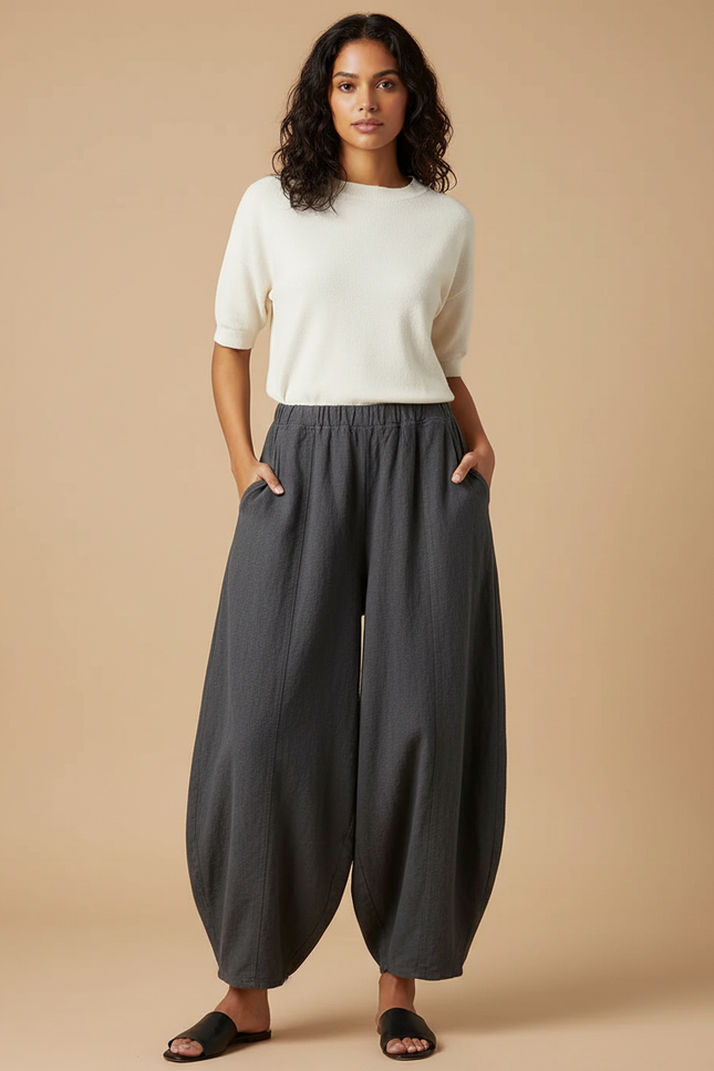 Pantalon Chinois Ample Gris Lin Coton Confortable