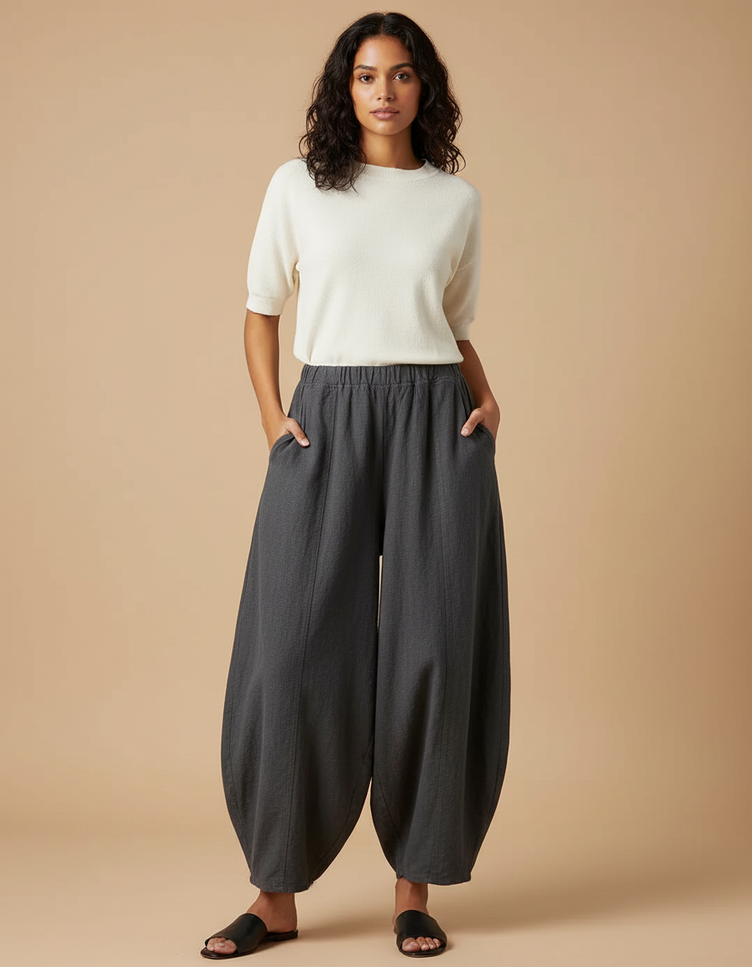 Pantalon Chinois Ample Gris Lin Coton Confortable