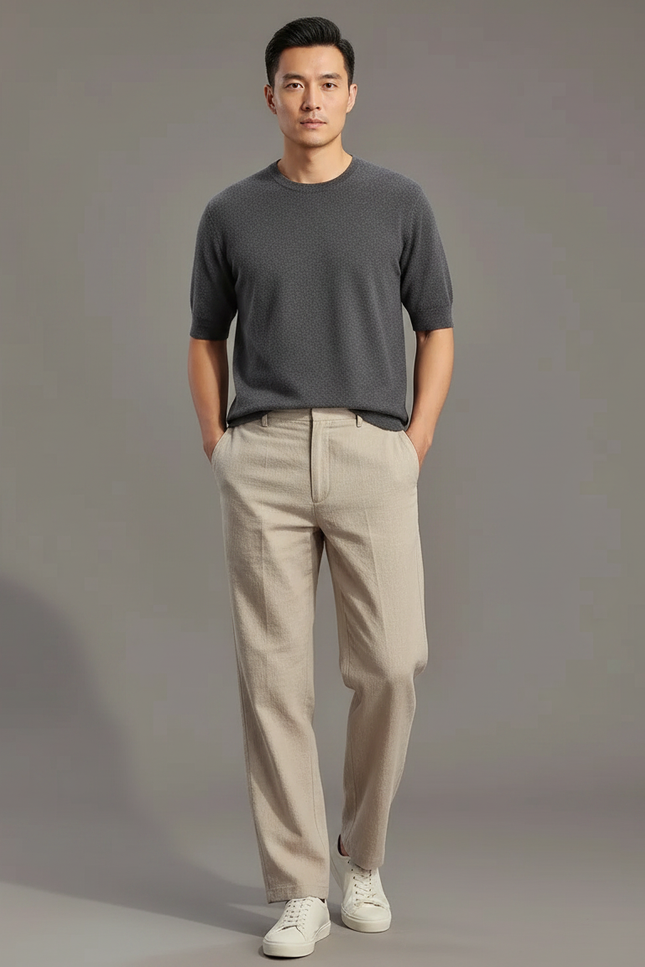 Pantalon Chinois Beige Droit Coton Lin Décontracté Homme