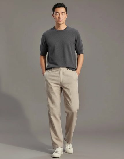Pantalon Chinois Beige Droit Coton Lin Décontracté Homme