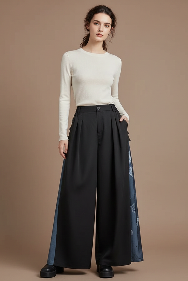 Pantalon Chinois Femme Noir Large Moderne - Polyester