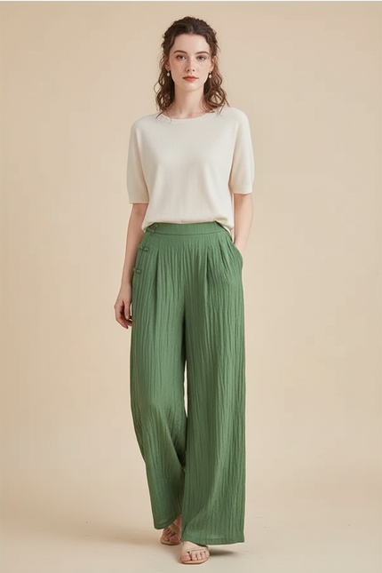 Pantalon Chinois Vert Ample Plissé Fluide Femme - Lin