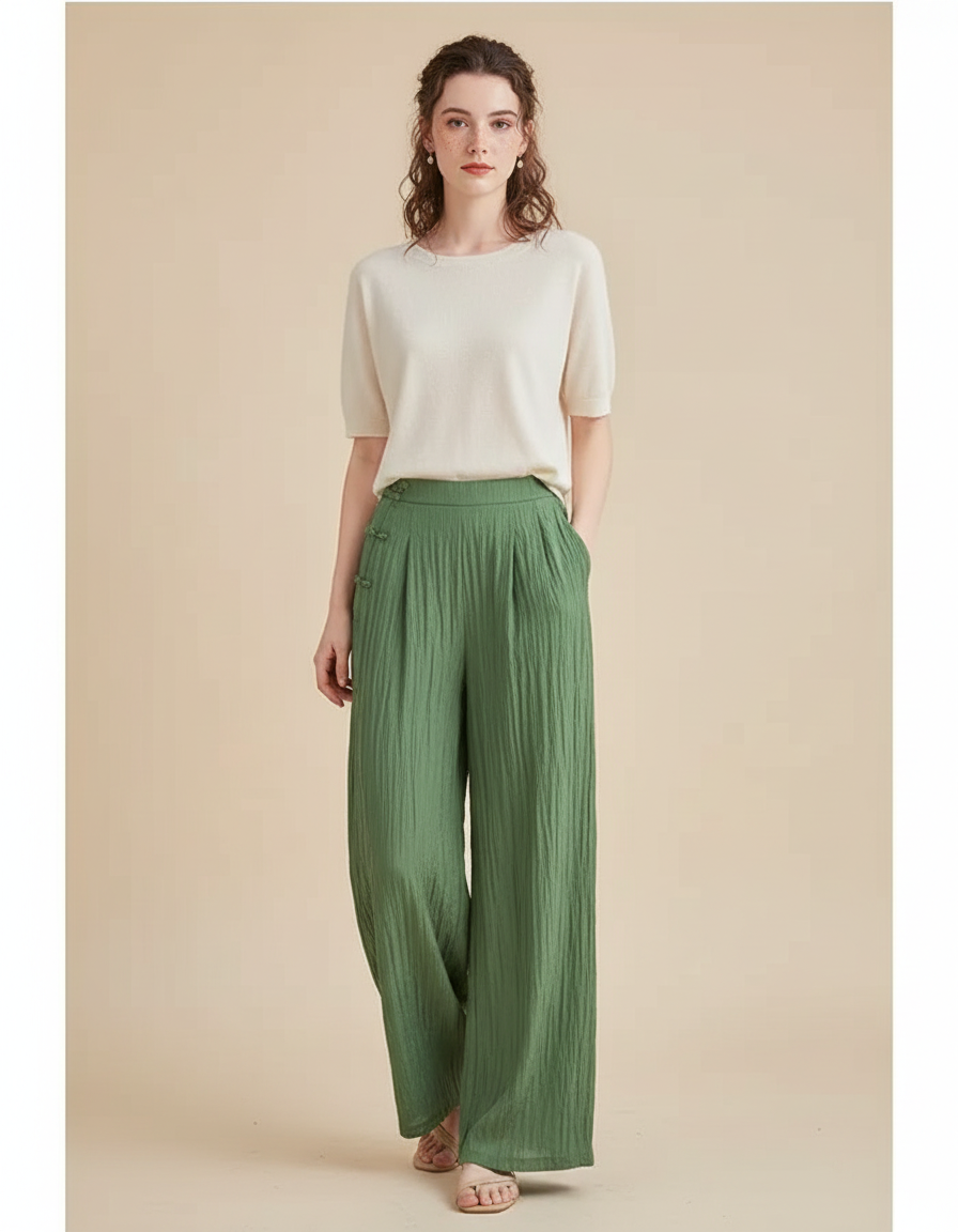 Pantalon Chinois Vert Ample Plissé Fluide Femme - Lin