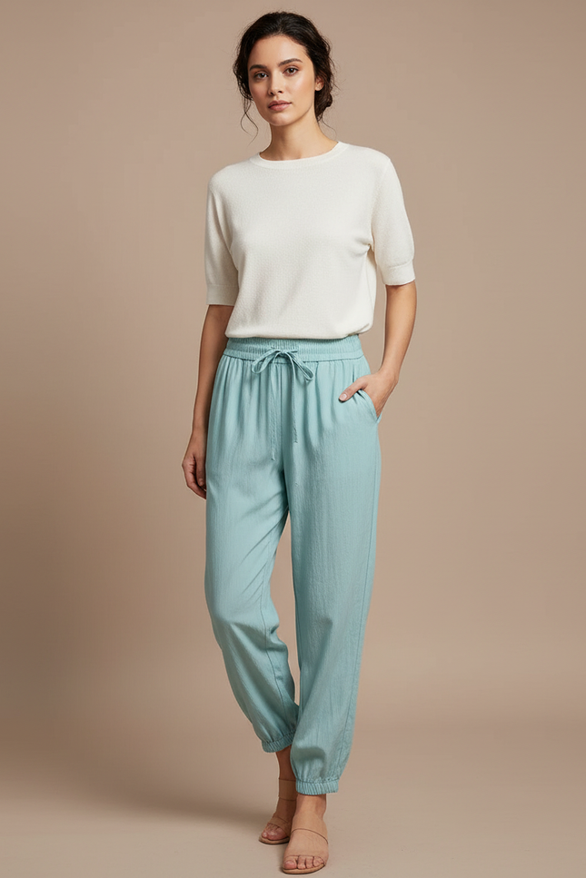 Pantalon Chinois Turquoise Fluide Cordon Chevilles Élastiquées Décontracté - Bleu Viscose