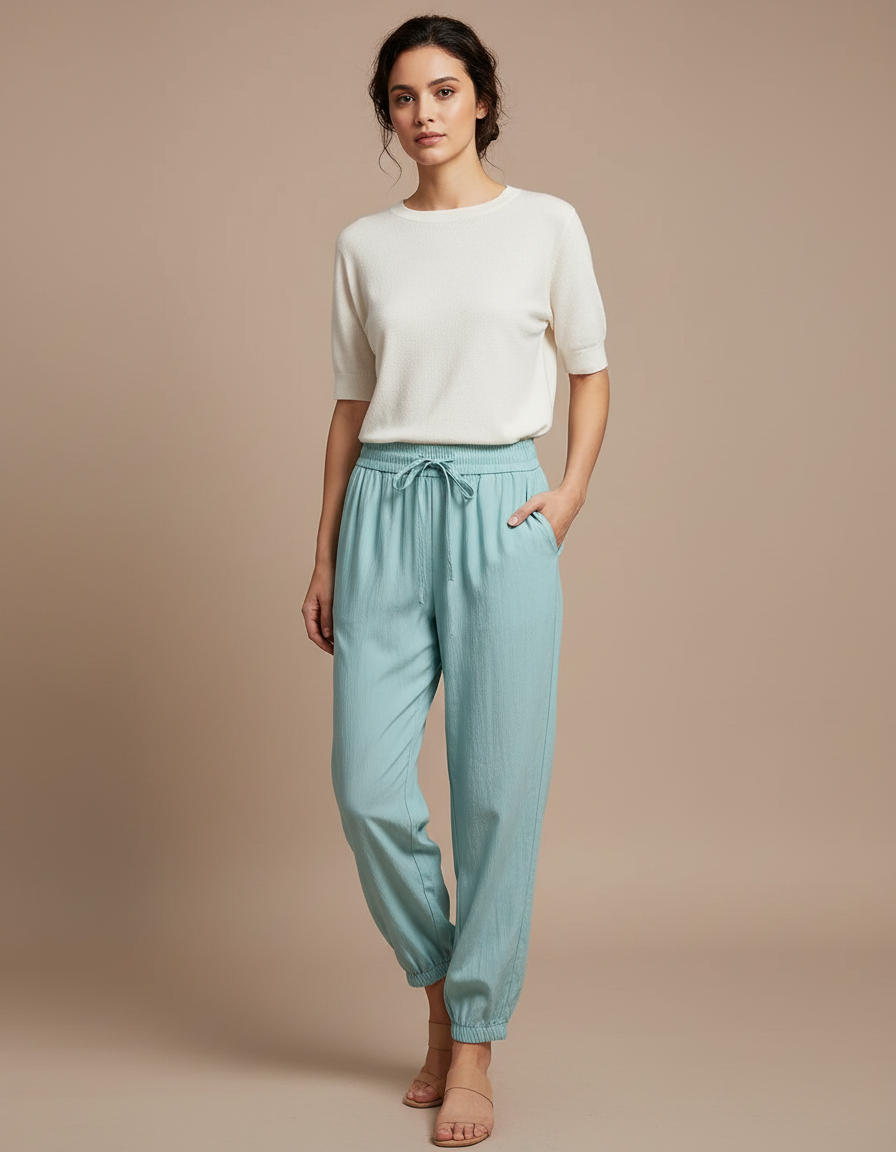 Pantalon Chinois Turquoise Fluide Cordon Chevilles Élastiquées Décontracté - Bleu Viscose