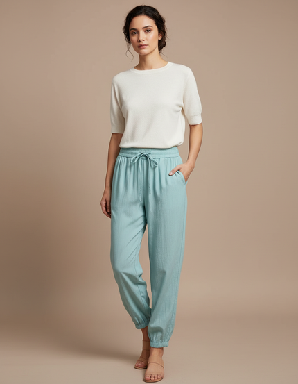 Pantalon Chinois Turquoise Fluide Cordon Chevilles Élastiquées Décontracté - Bleu Viscose