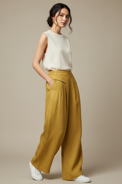 Pantalon Chinois Jaune Ample Lin Fluide Décontracté