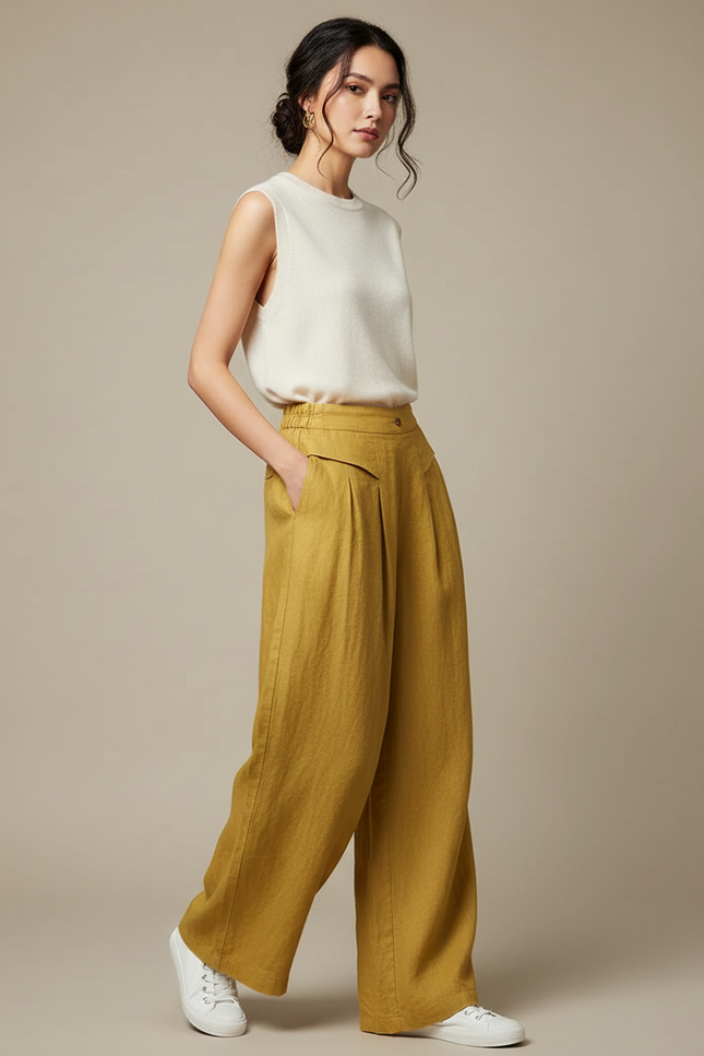 Pantalon Chinois Jaune Ample Lin Fluide Décontracté