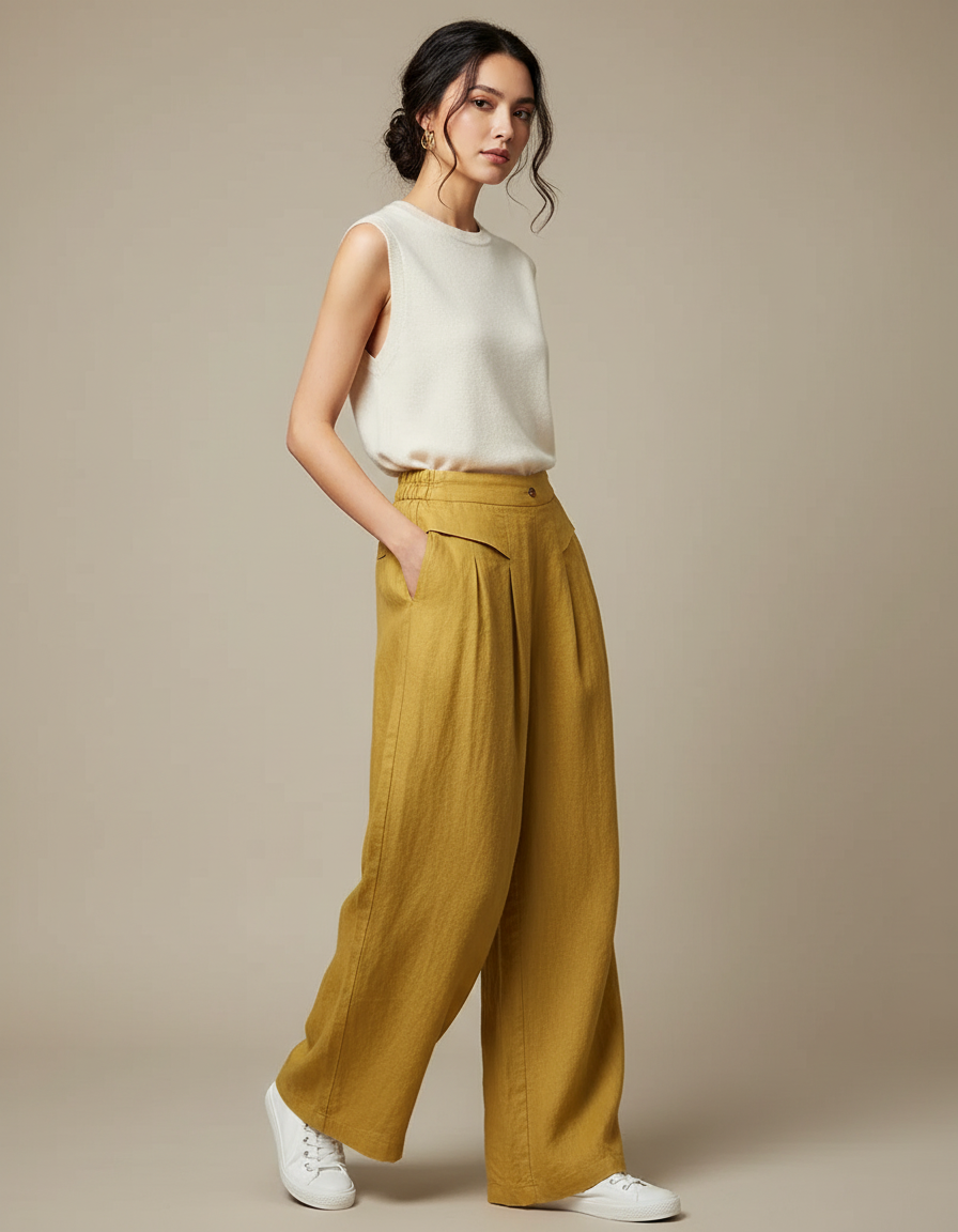 Pantalon Chinois Jaune Ample Lin Fluide Décontracté
