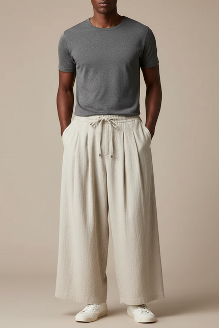 Pantalon Chinois Lin Ample Beige Décontracté Unisexe