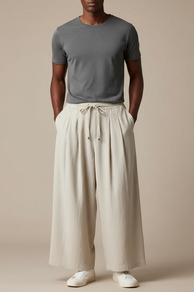 Pantalon Chinois Lin Ample Beige Décontracté Unisexe