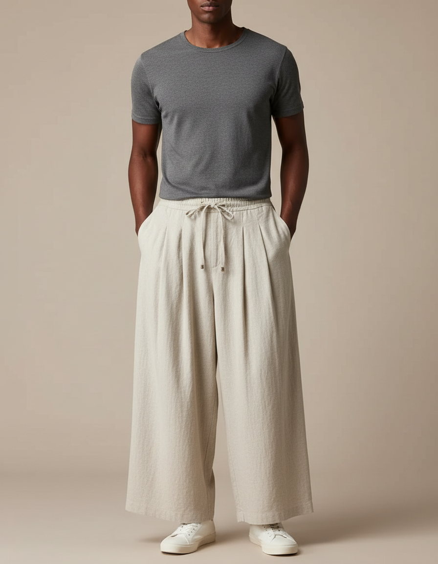 Pantalon Chinois Lin Ample Beige Décontracté Unisexe