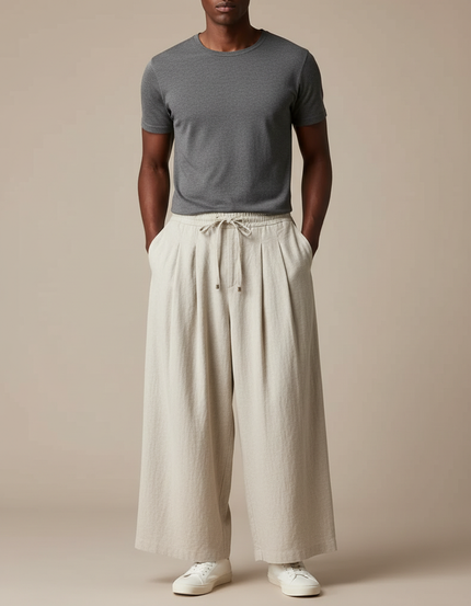 Pantalon Chinois Lin Ample Beige Décontracté Unisexe