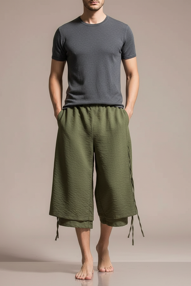 Pantalon Chinois Vert Ample Cordon Homme - Kaki Lin