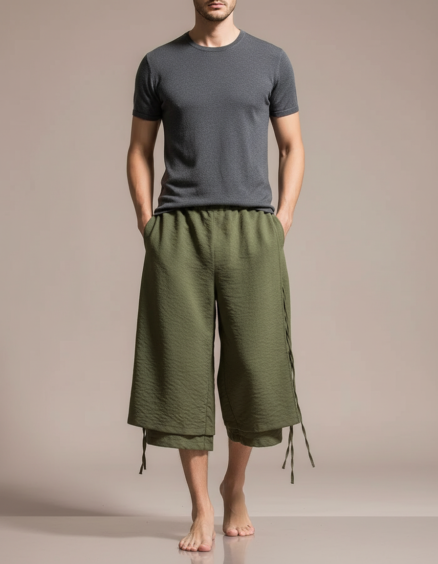 Pantalon Chinois Vert Ample Cordon Homme - Kaki Lin
