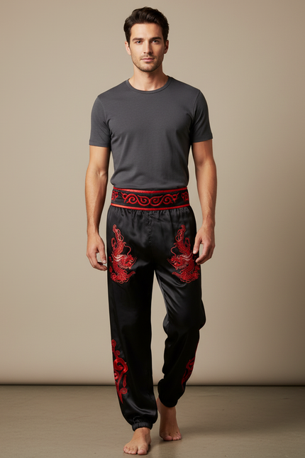 Pantalon Chinois Noir Satiné Dragon Brodé Rouge Homme