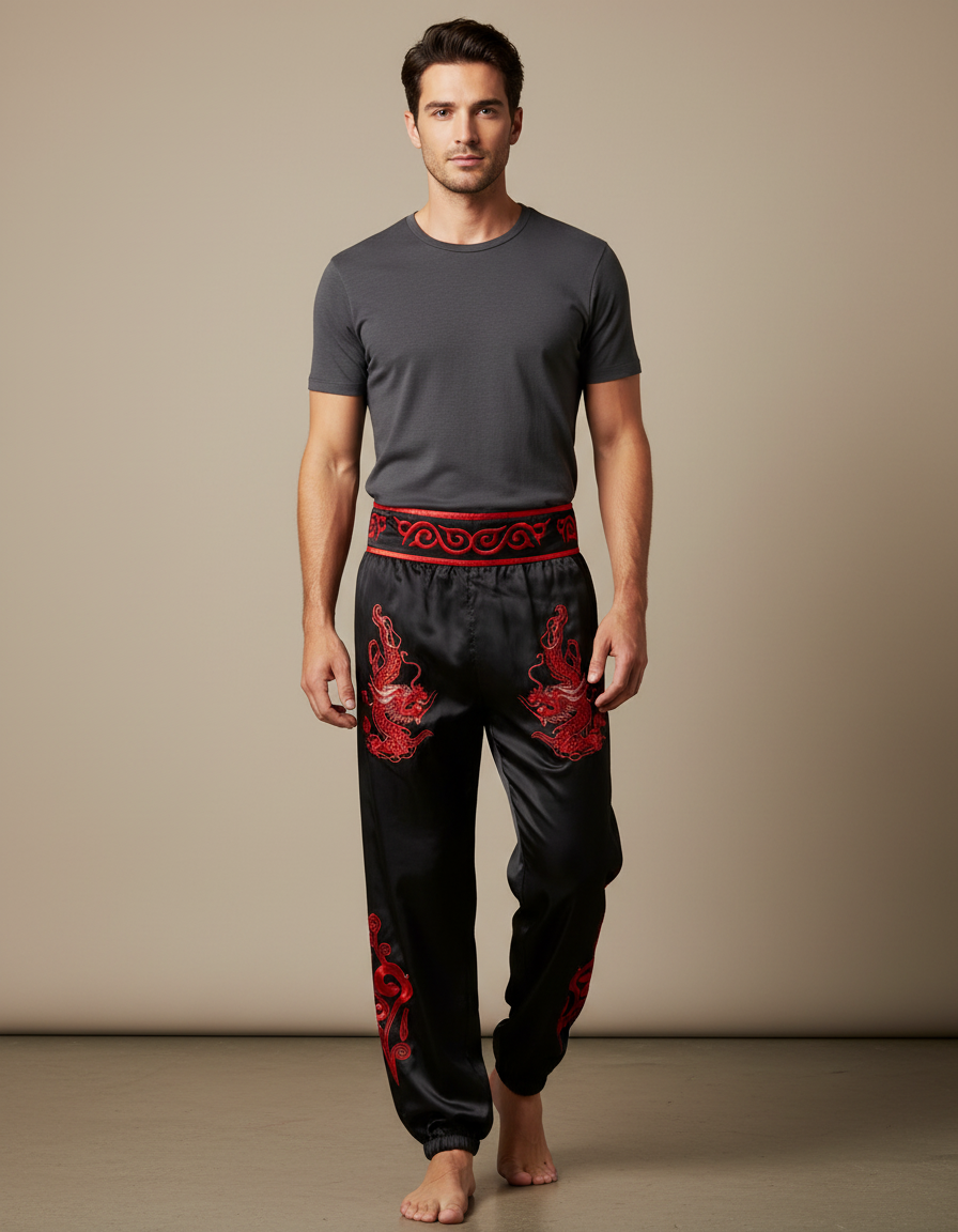 Pantalon Chinois Noir Satiné Dragon Brodé Rouge Homme