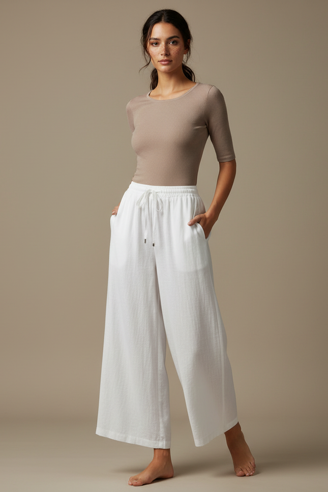 Pantalon Chinois Blanc Fluide Ample Coton Femme - Lin