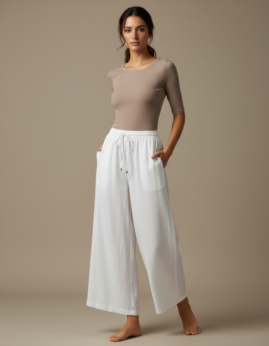 Pantalon Chinois Blanc Fluide Ample Coton Femme - Lin